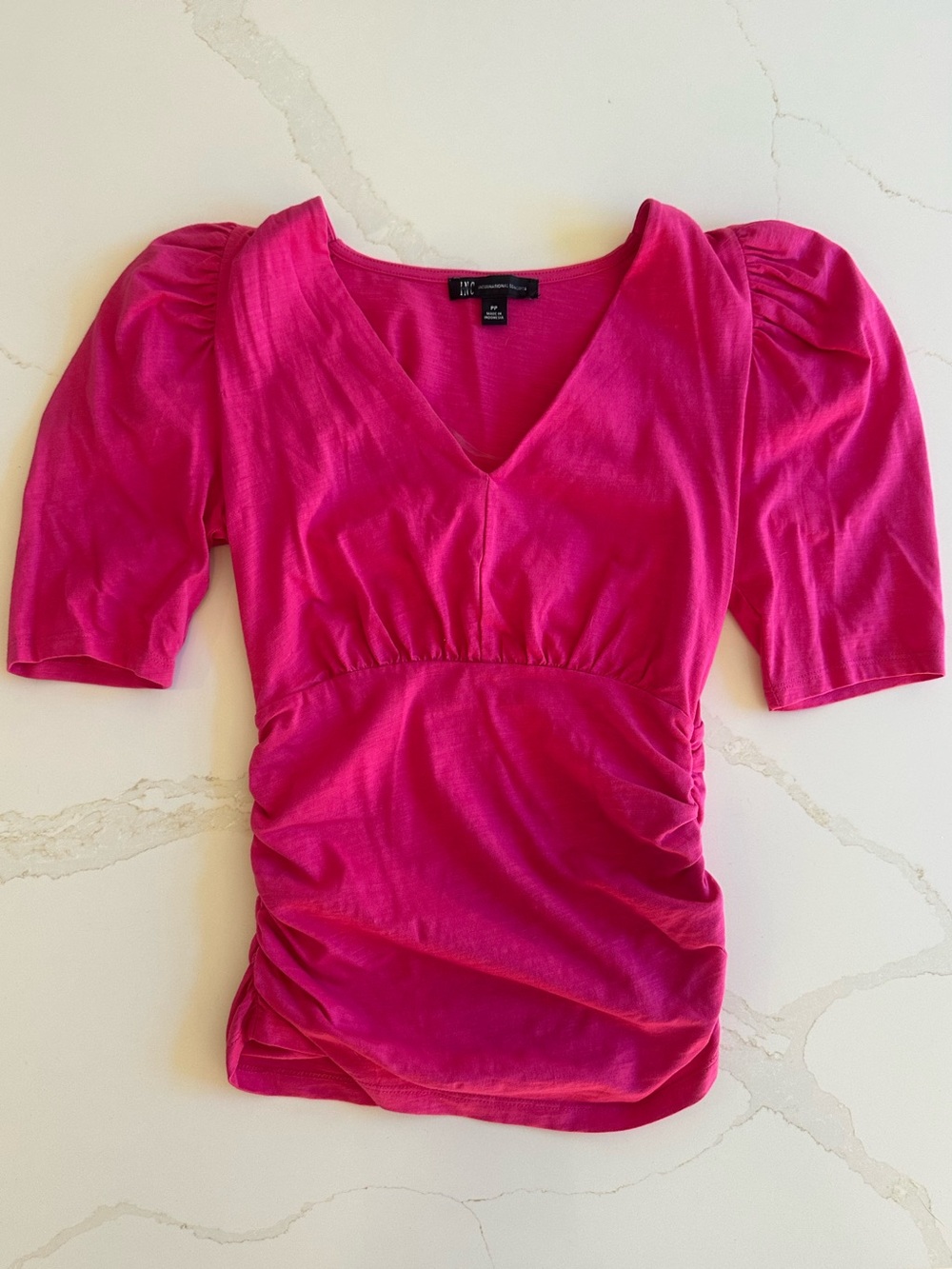 INC International Concepts Fuchsia V-Neck Ruched Puff-Sleeve Top